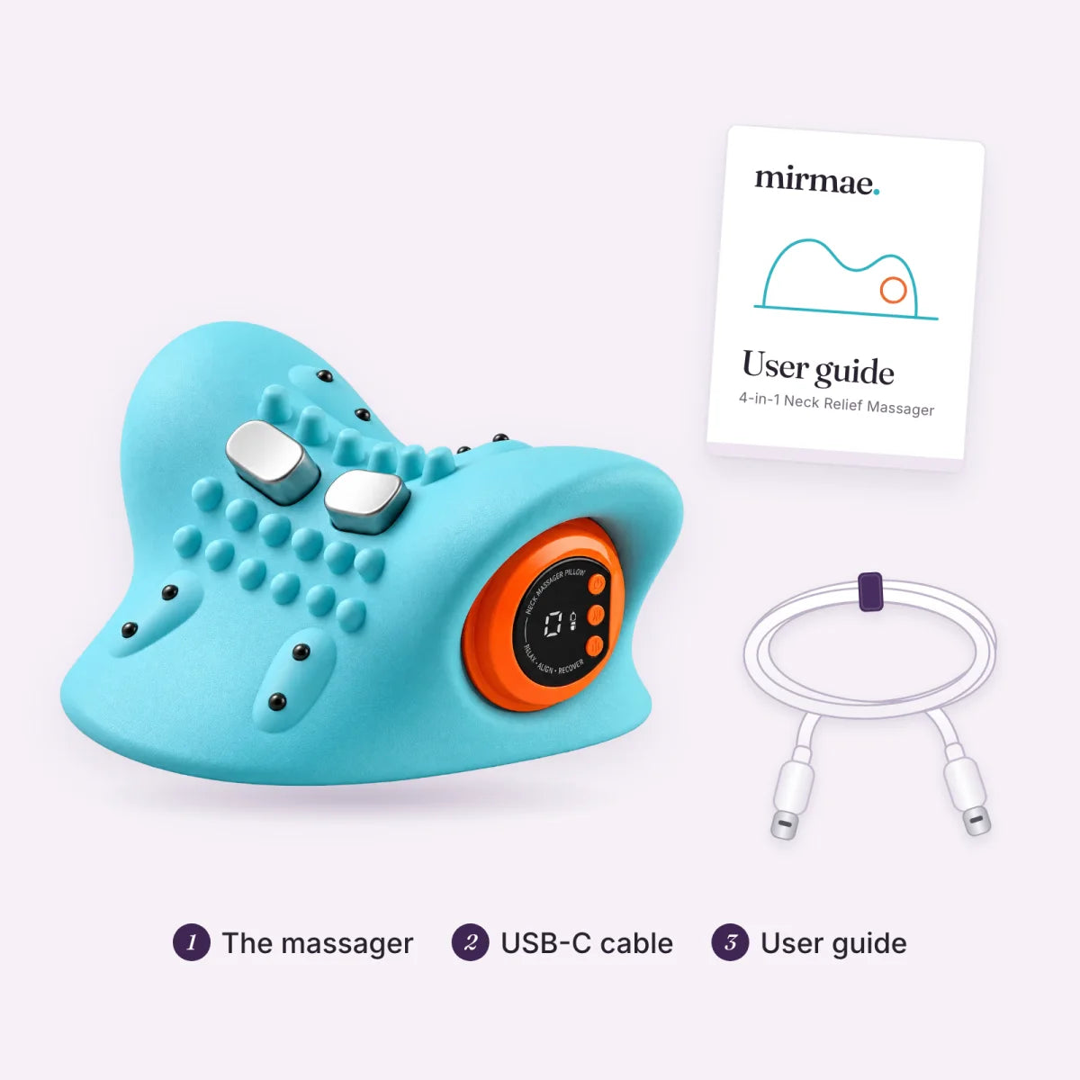 Mirmae neck massager, USB-C charging cable and user guide