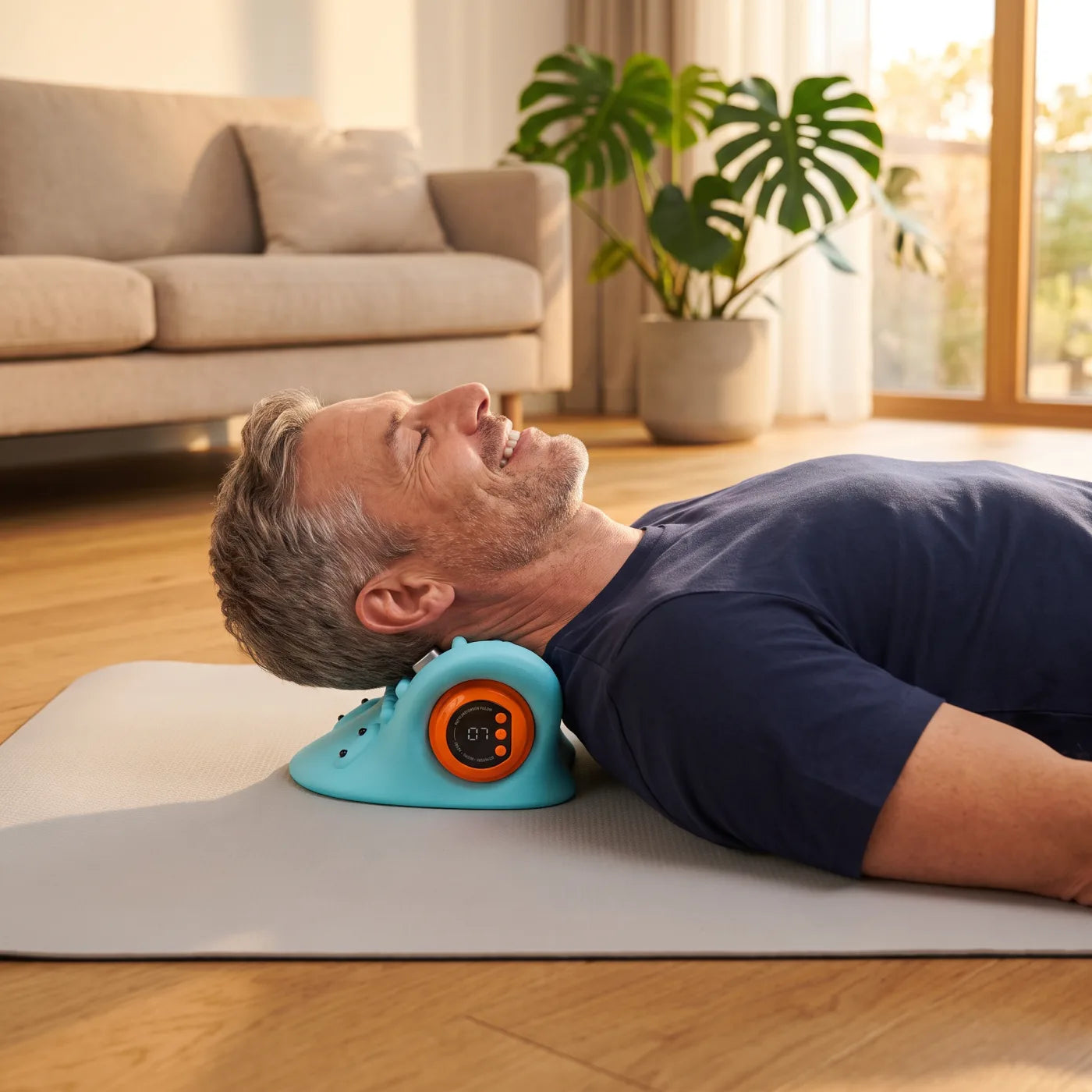 Smiling man lying on a floor mat at home with his neck resting on the Mirmae massager