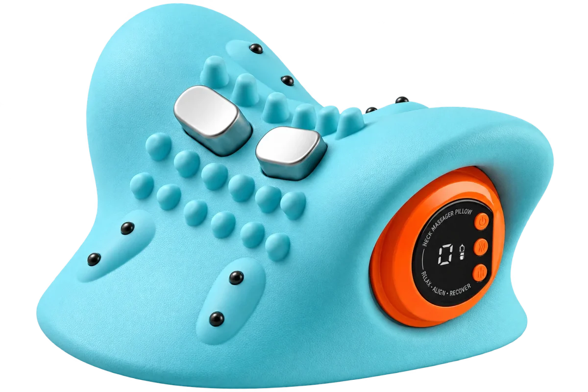 Mirmae neck massager with its massage points, EMS contact pads and side control dial